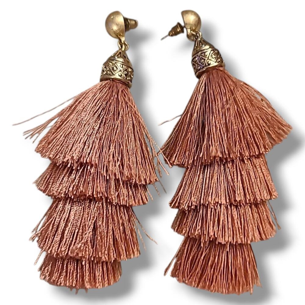 Big Boho Dusty Rose Tassel‎ Dangle Statement Earrings